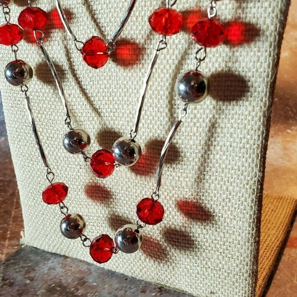 Handcrafted Art Deco Red Silver Draped Multistrand Glass Metal Beads Necklace - Picture 3 of 8